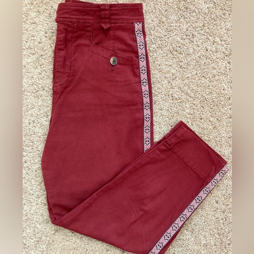 Anthropologie Scandi Girl Deep Red Tapered Pants w/colorful PatternTrim